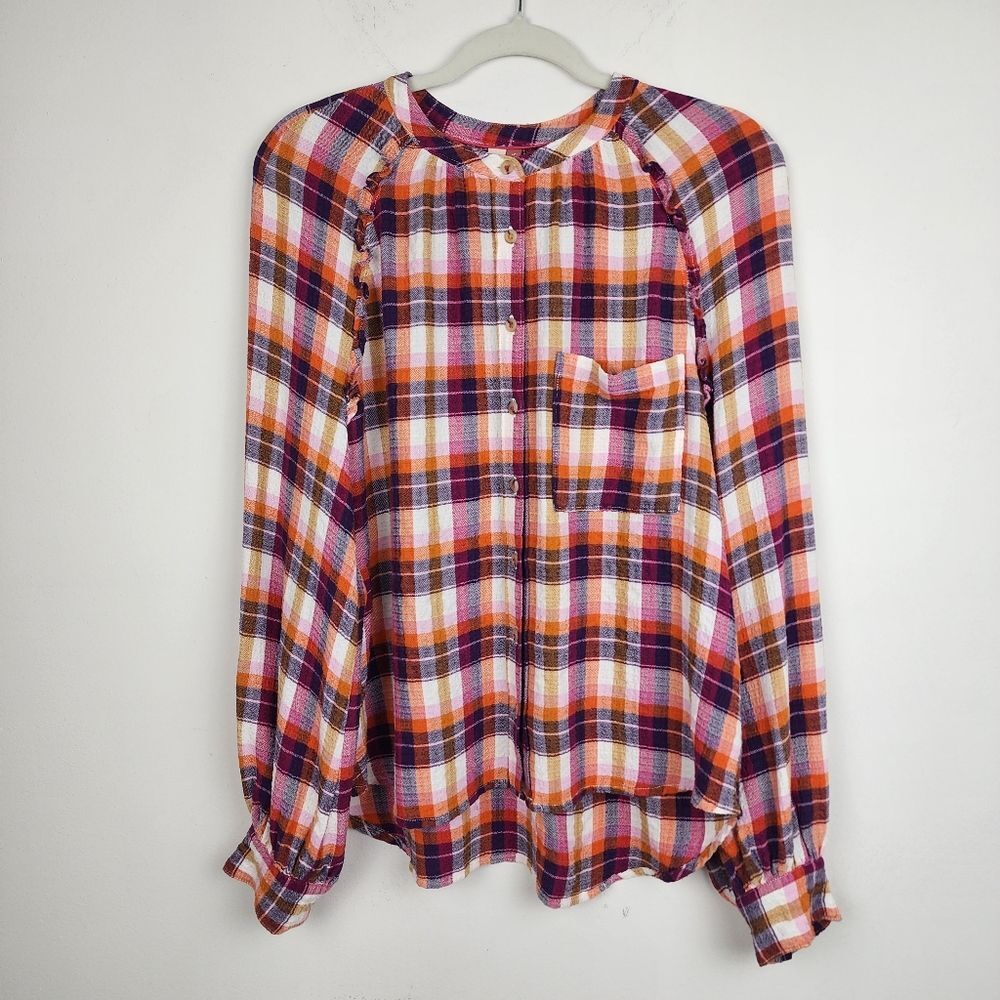 Anthropologie Pilcro Breezy Button Front Plaid Ruffle Blouse Top Shirt - Picture 10 of 16